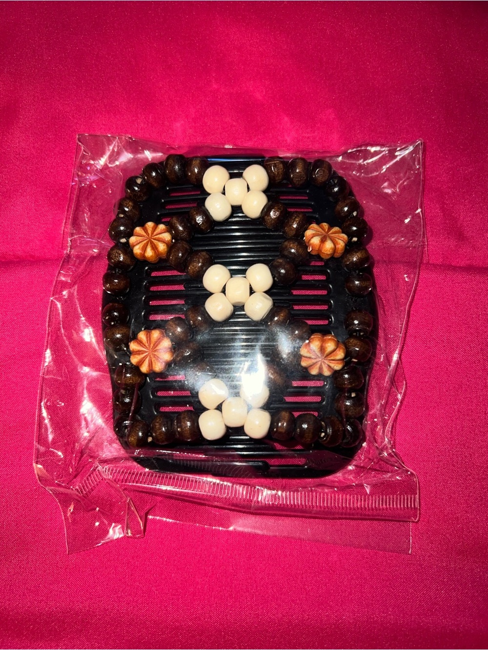FREE WITH PURCHASE - Wood Beaded Double Hair Comb - Brown and Cream